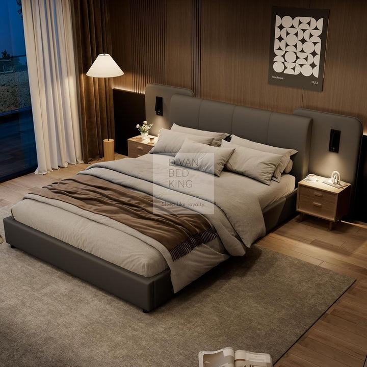 Monteleone Oversized Headboard Grey Leather Bed Frame with Integrated Lighting & USB Charging