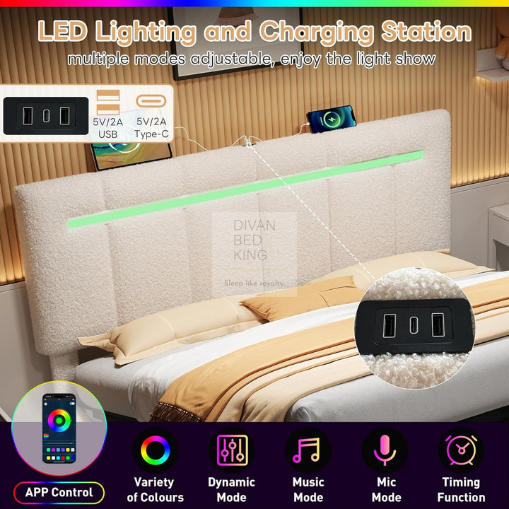 Lanusei Cream Beige Soft Boucle Ottoman Storage Smart Bed with LED Lights, Type C and USB Charging Headboard Shelf