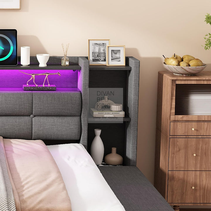 Avayah Grey Linen Smart Daybed Sofa Bed with 2 Drawers, LED Shelves Storage, USB & Type C Charging Station & Storage Box