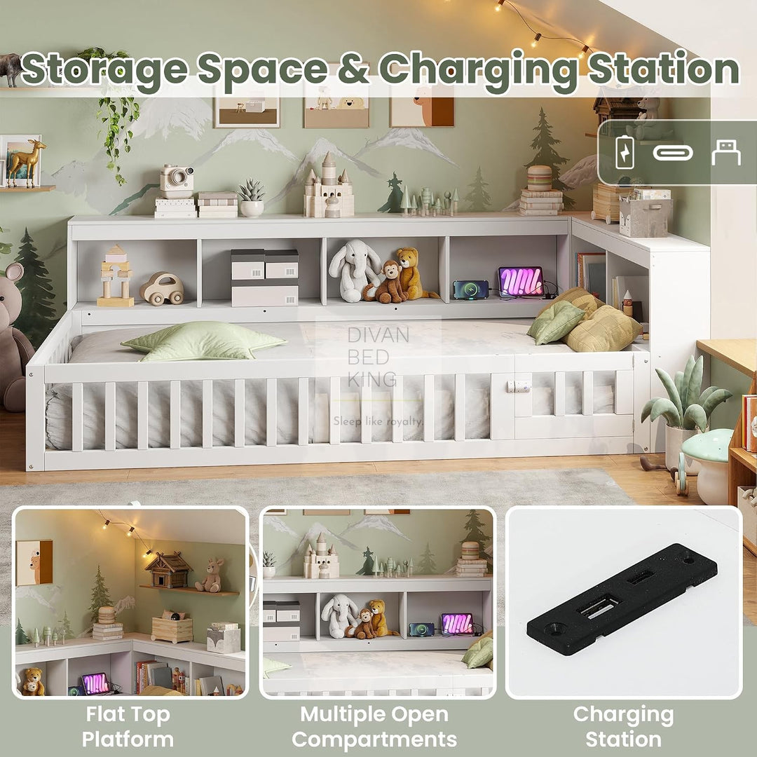 Woodward White Wooden Low Floor Bed with Type C and USB Charging Headboard Storage Shelf