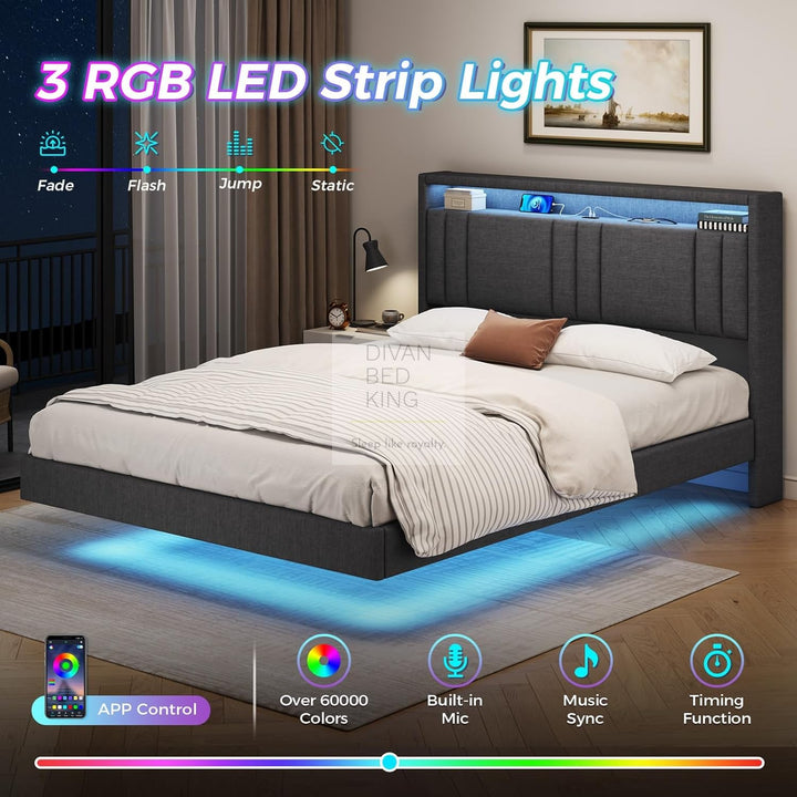 Everleigh Grey Linen Floating Bed Frame with Padded Storage Headboard, LED Lights, USB & Type-C Charging Station