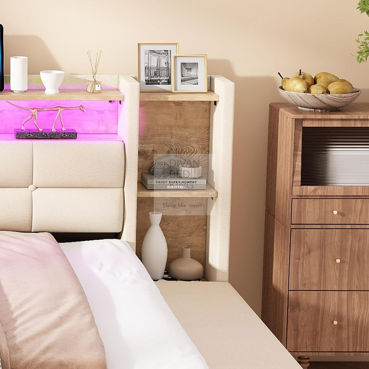 Avayah Beige Linen Smart Daybed Sofa Bed with 2 Drawers, LED Shelves Storage, USB & Type C Charging Station & Storage Box