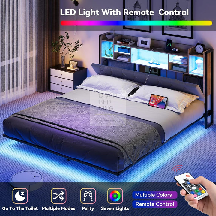 Kamilah Smart Metal Floating Bed Frame with Grey Padded Storage Headboard, LED Lights, USB, Type C & AC Sockets Charging Station