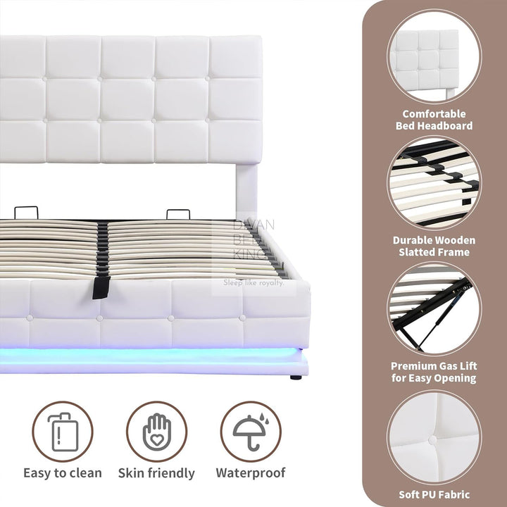 Alessio White Leather LED Ottoman Storage Bed with Adjustable Headboard