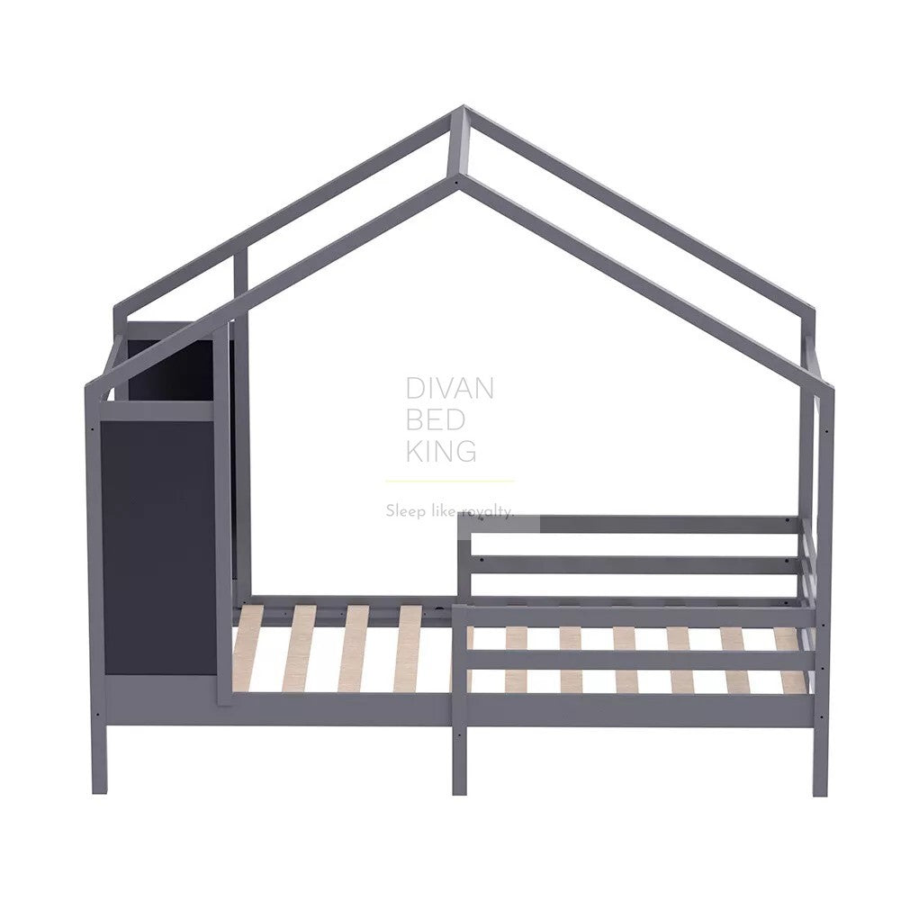 Pamina Grey Treehouse 3ft Single Bed Wooden with Blackboard & Canopy Kids Sleeper Pine House Low Childs