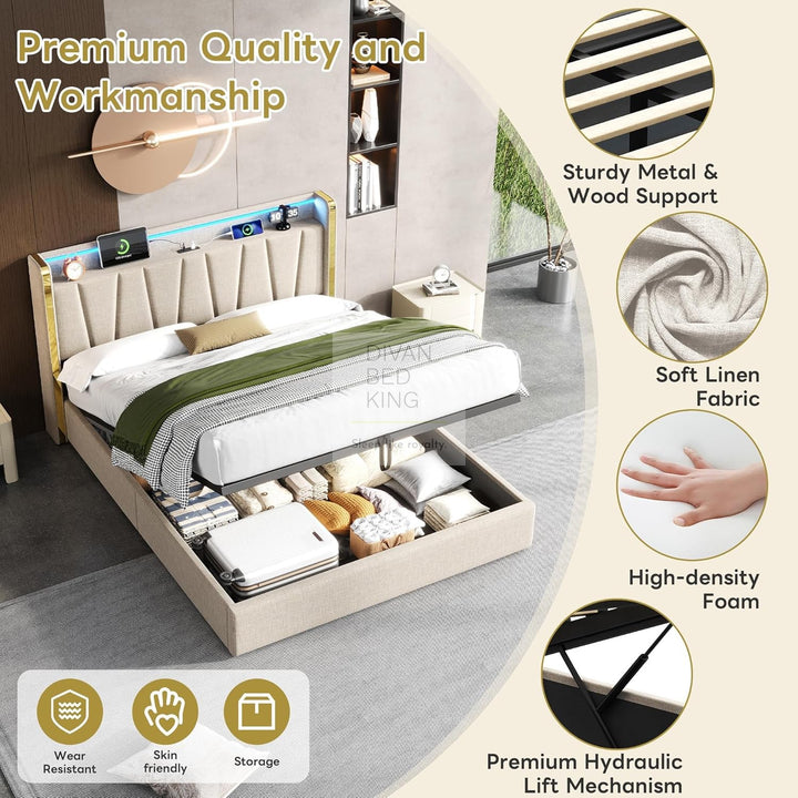 Florence Beige Linen Smart Ottoman Bed with LED Gold Headboard Shelf, Type C and USB Charging Station