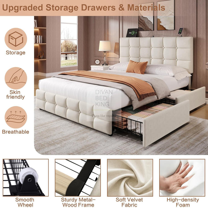 Vicente 4 Drawer Soft Beige Velvet Bed with Type C and USB Charging Adjustable Headboard Shelf