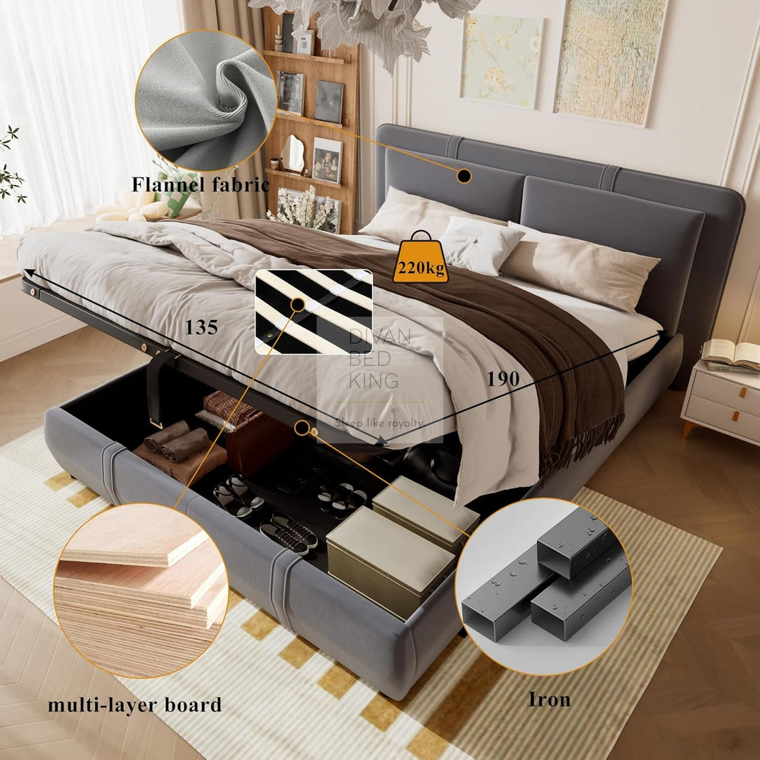 Oppia Nuova Grey Brushed Cotton Ottoman Storage Bed with Large Padded Removeable Headrests