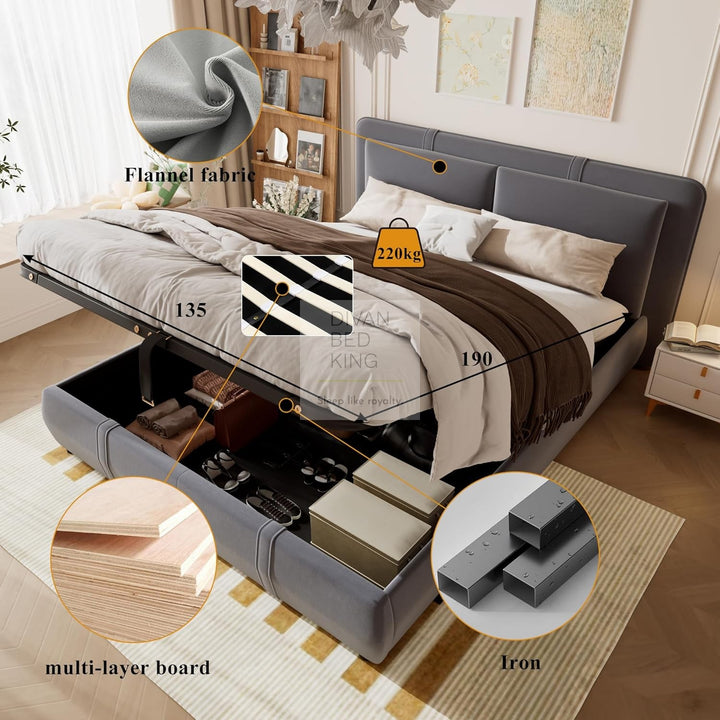 Oppia Nuova Grey Brushed Cotton Ottoman Storage Bed with Large Padded Removeable Headrests