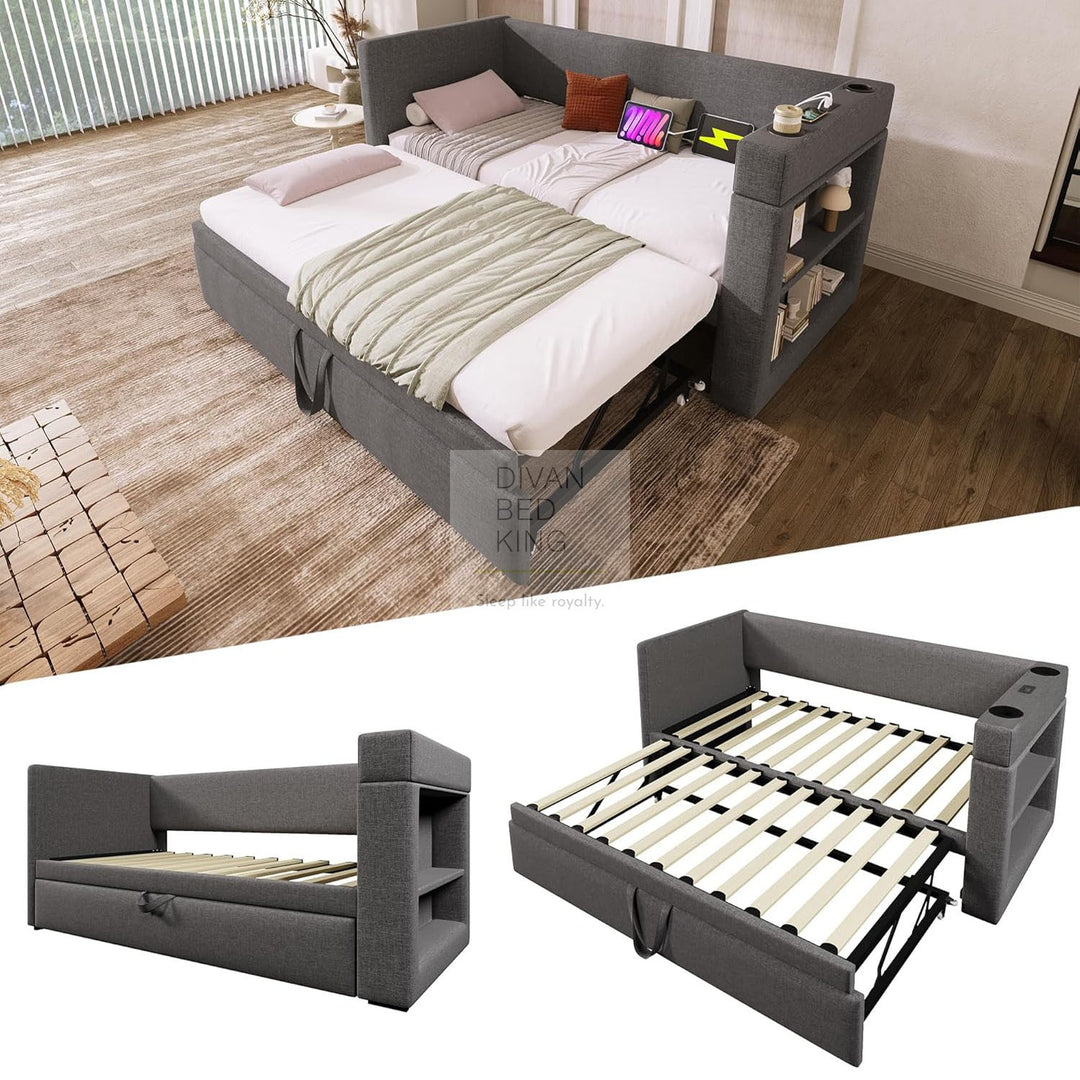 Laylani Grey Linen Smart Daybed Sofa Bed with Shelves Storage, USB & Type C Charging Station & Trundle