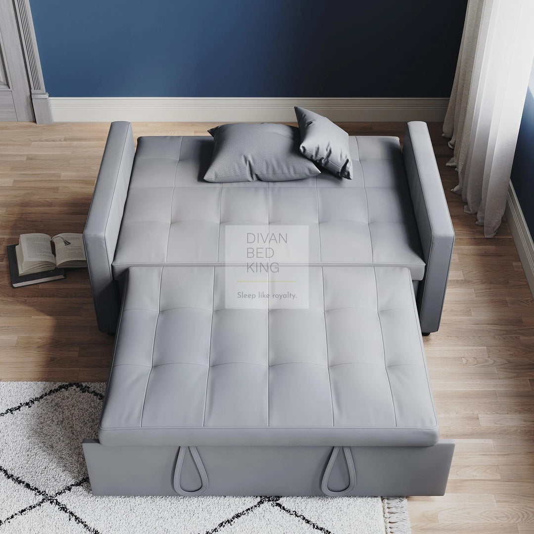 Santana Light Grey Leather Daybed Sofa Bed Couch with Sidepockets & 2 Matching Pillows