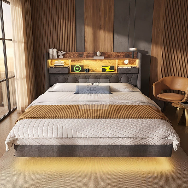 Burton Smart Metal Floating Bed Frame with Grey Padded Storage Headboard, LED Lights, USB, Type C & AC Sockets Charging Station