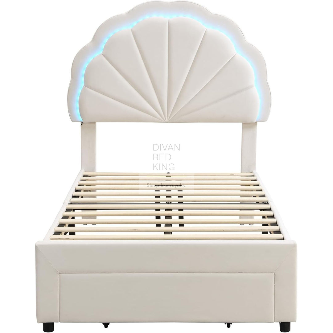 Blossom Kids Beige Off White Velvet LED Bed with End Drawer Storage