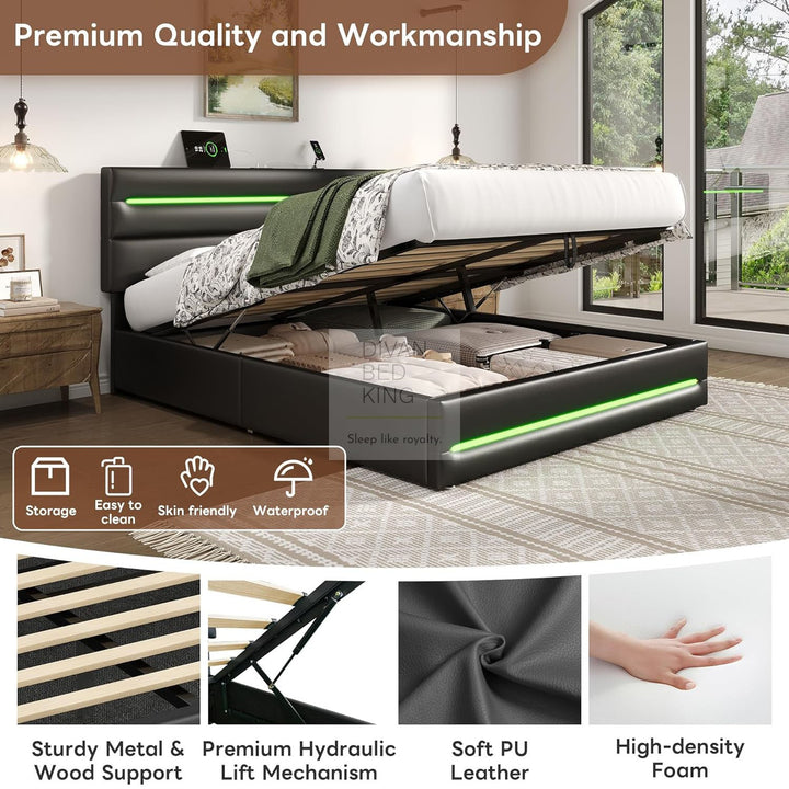 Desulo Black Leather Smart Ottoman Bed with LED Lighting, Type C, and USB Charging