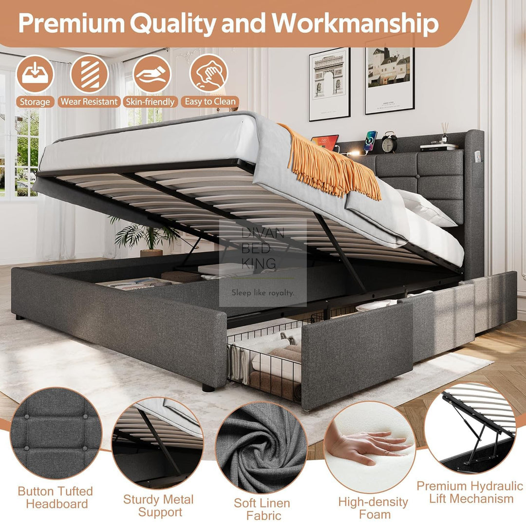 Treviso Charcoal Grey Linen 3 Drawer Ottoman Storage Bed with LED Lights, Type C and USB Charging Headboard Storage Shelf