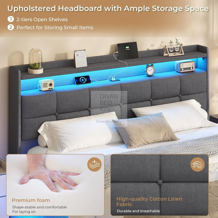 Houston Smart Metal Floating Bed with Grey Linen Padded Storage Headboard, LED Lights, USB & Type C Charging Station