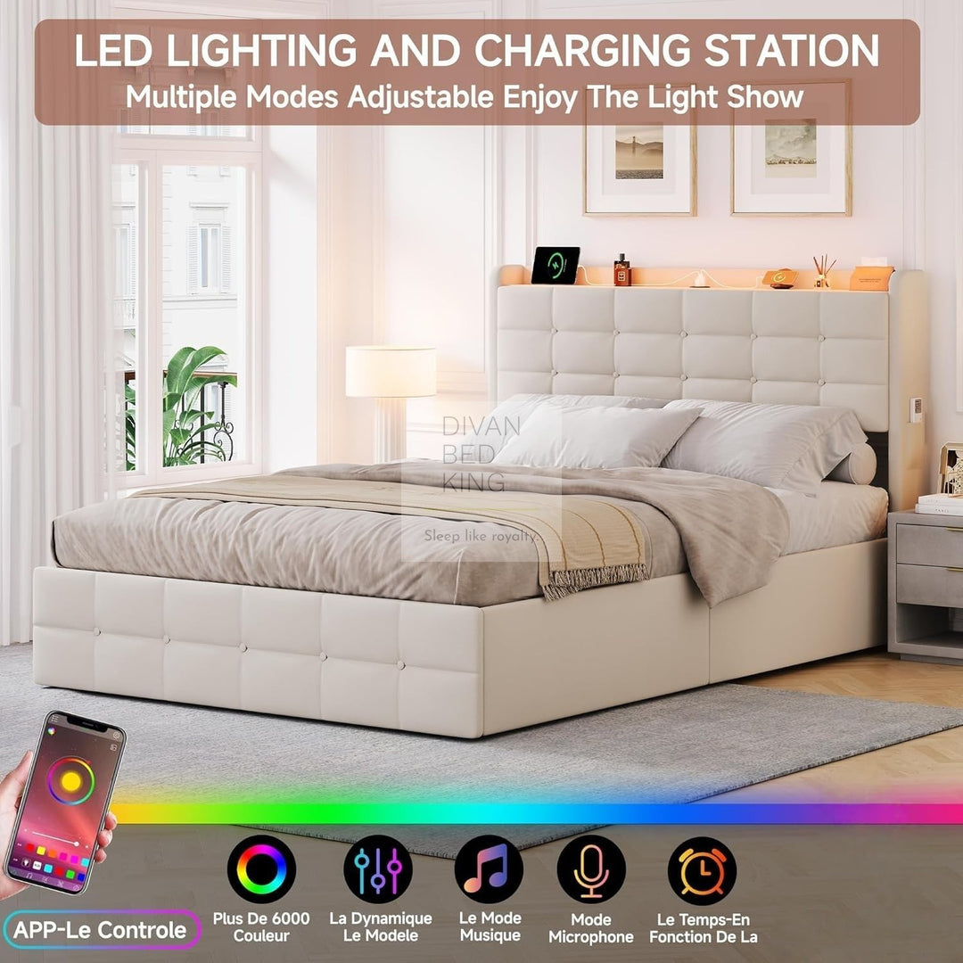 Vicente 4 Drawer Soft Beige Velvet Bed with LED Lights, Type C and USB Charging Adjustable Headboard Shelf