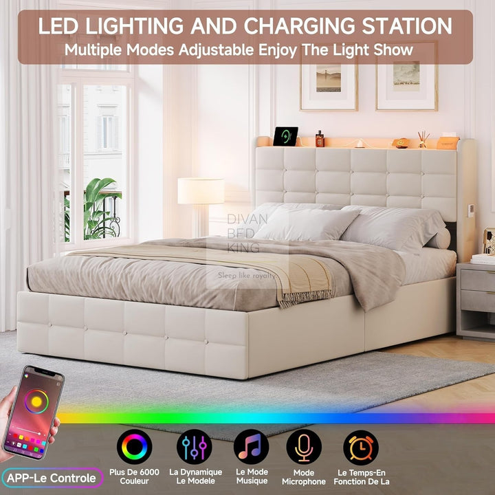 Vicente 4 Drawer Soft Beige Velvet Bed with LED Lights, Type C and USB Charging Adjustable Headboard Shelf