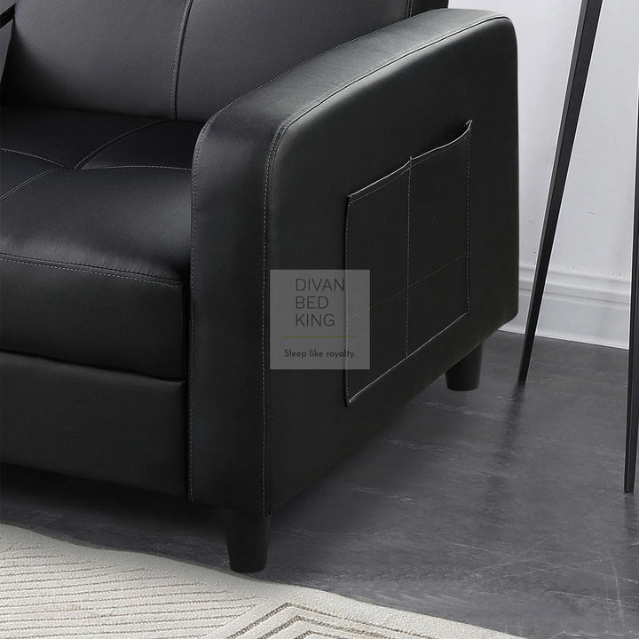 Salazar Black Leather 3 Seater Sofa Bed with Cup Holders, Armrest and Side Storage Pockets