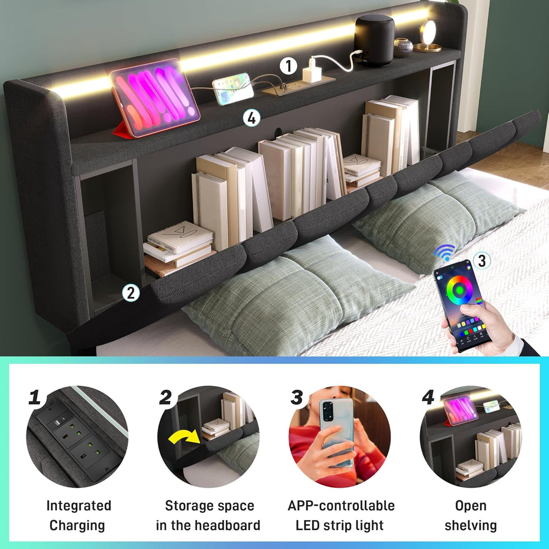 Kyoto Charcoal Linen Ottoman Bed with LED Lights, Power Outlets, Type C and USB Charging Headboard Storage Shelf