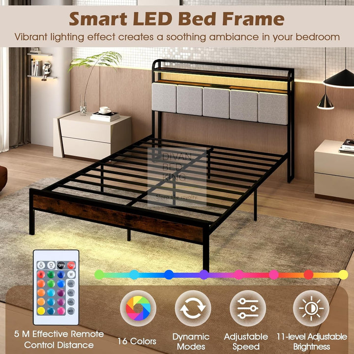 Henry Off-White Grey Linen Metal Smart Bed with 4 Optional Drawers with Headboard Shelves, LED, USB, Type-C Ports and Power Outlets