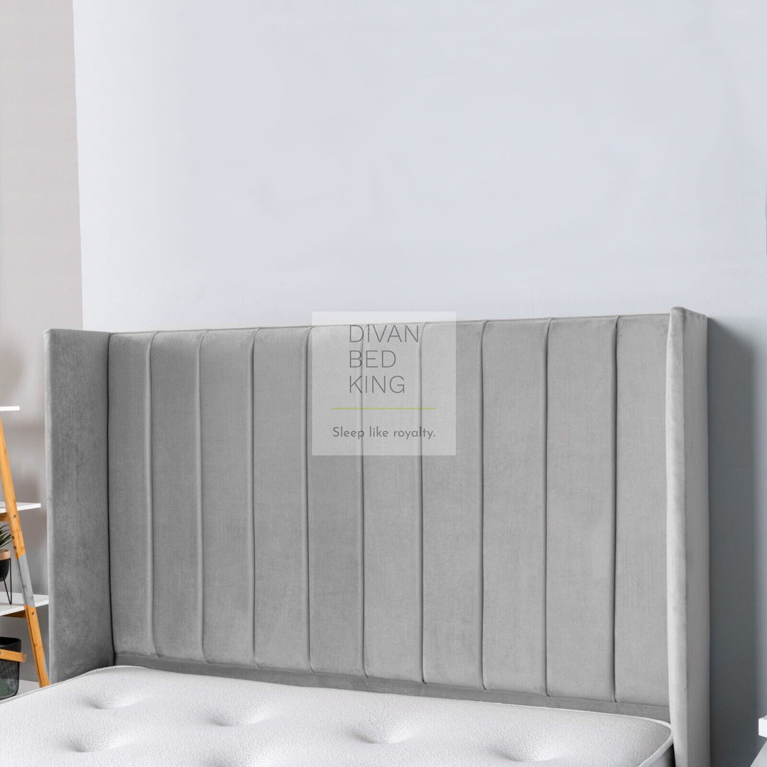 Peterina Grey Velvet Wingback Ottoman Storage Bed Frame