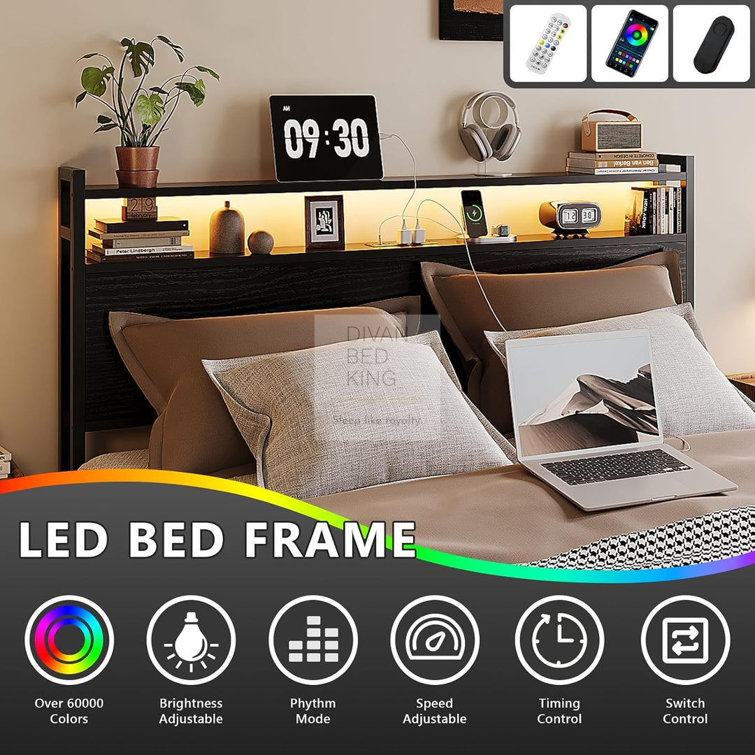 Henry Metal Wooden Hybrid Black Bed with 4 Drawers with Headboard, LED Reading Lights, Sockets, USB, Type C Charging