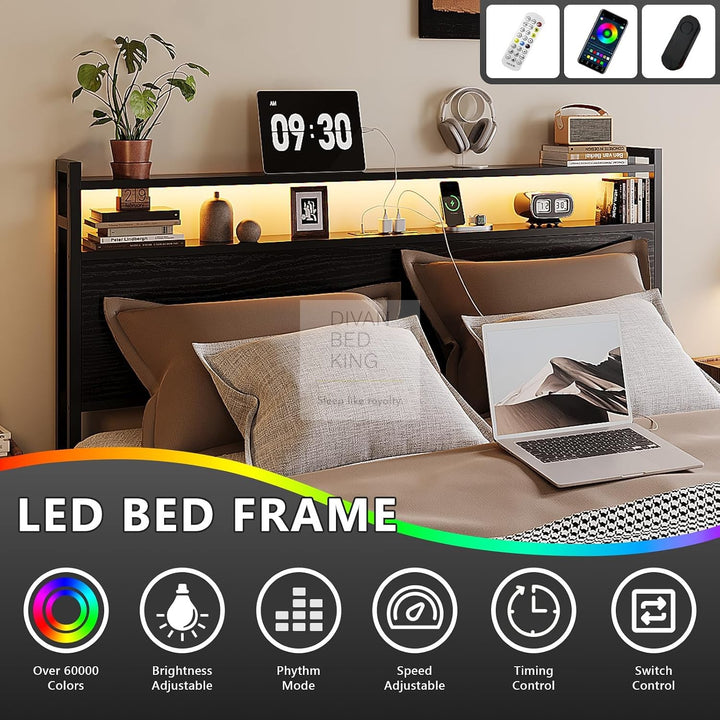 Henry Metal Wooden Hybrid Black Bed with 4 Drawers with Headboard, LED Reading Lights, Sockets, USB, Type C Charging