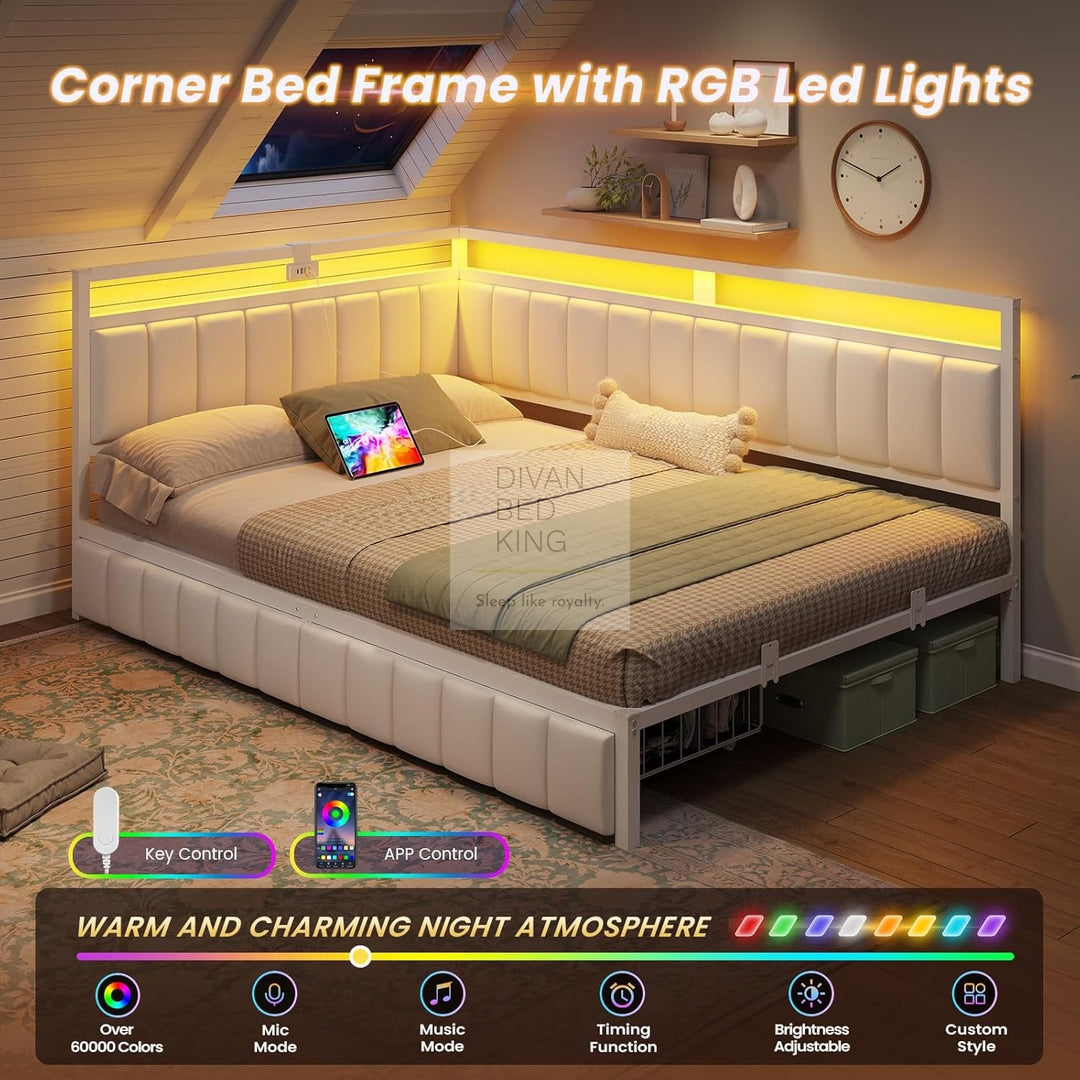 Giavanna Beige Linen 2 Drawer Low Smart Sofa Bed Daybed with LED Lights, USB & Type C Charging Station