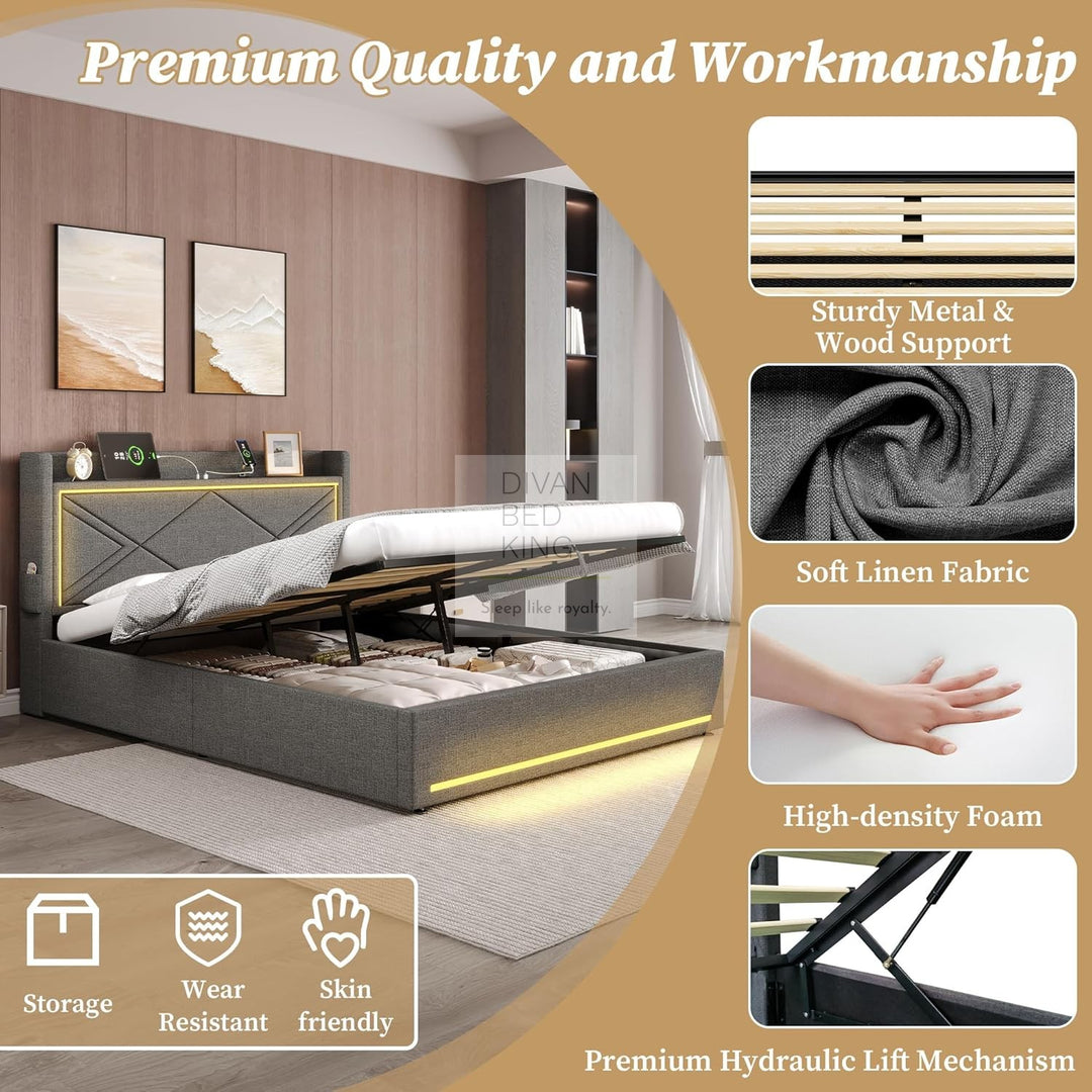 Montecelio Charcoal Grey Linen Ottoman Storage Bed with LED Lights, Type C and USB Charging Headboard Storage Shelf