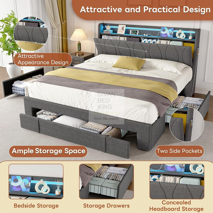 Emilio Wingback Grey Linen Smart Bed with 3 Drawer Storage, LED Lights, Charging Station USB, Type C on Headboard Storage Shelf