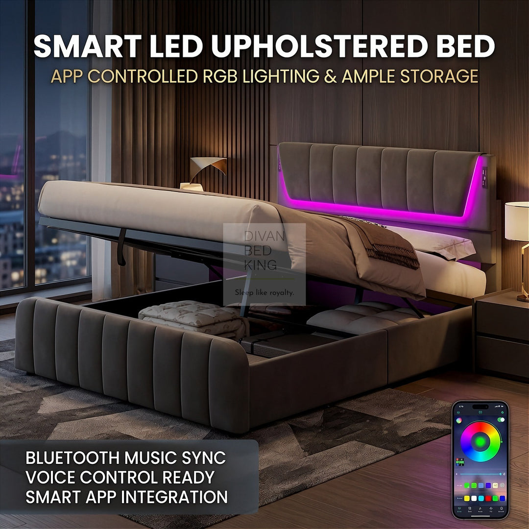 Kamari Ottoman Storage Grey Plush Velvet Smart Bed with with LED Lights, USB and Type-C Charging