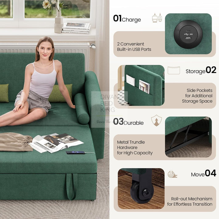 Kimora Green Linen Smart Daybed Sofa Bed with USB & Type C Charging and Matching Pillows