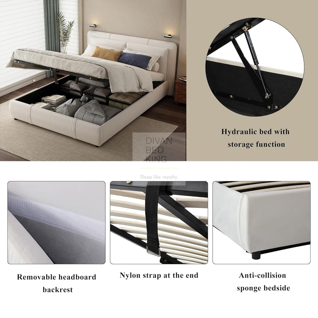 Oppia Nuova Beige Brushed Cotton Ottoman Storage Bed with Large Padded Removeable Headrests