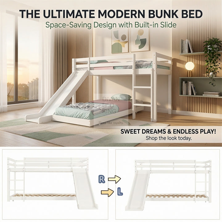 Jefferson White Wooden Bunk Bed Midsleeper with Slide and Adjustable Trundle