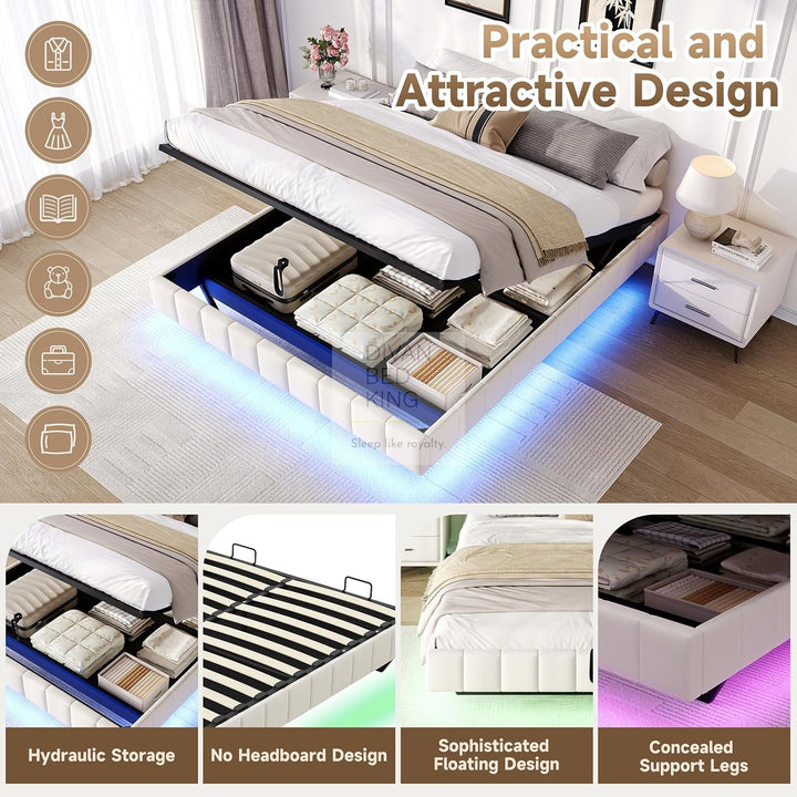Carrillo Floating Style Smart LED Beige Linen Ottoman Gas Lift Storage Bed Base
