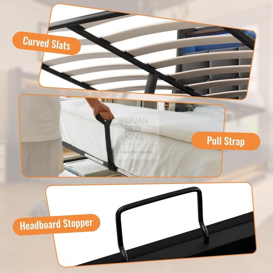 Solana Grey Linen Ottoman Storage Smart Bed with Type C, USB & Wireless Charging Headboard Shelves