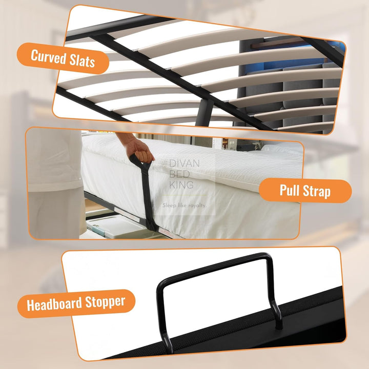Solana Grey Linen Ottoman Storage Smart Bed with Type C, USB & Wireless Charging Headboard Shelves