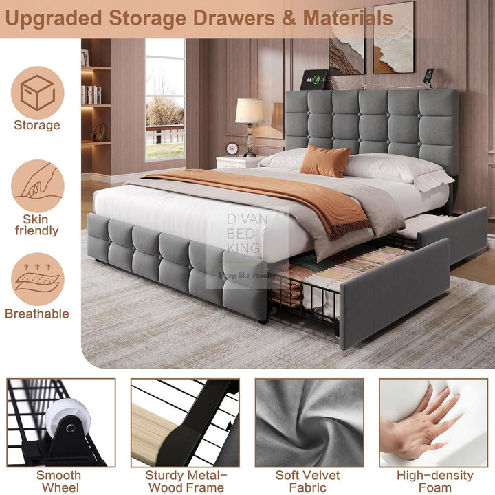 Vicente 4 Drawer Soft Grey Velvet Bed with Type C and USB Charging Adjustable Headboard Shelf