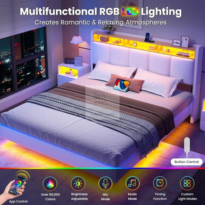 Houston Smart Metal Floating Bed with White Linen Padded Storage Headboard, LED Lights, Plug Sockets, USB & Type C Charging Station