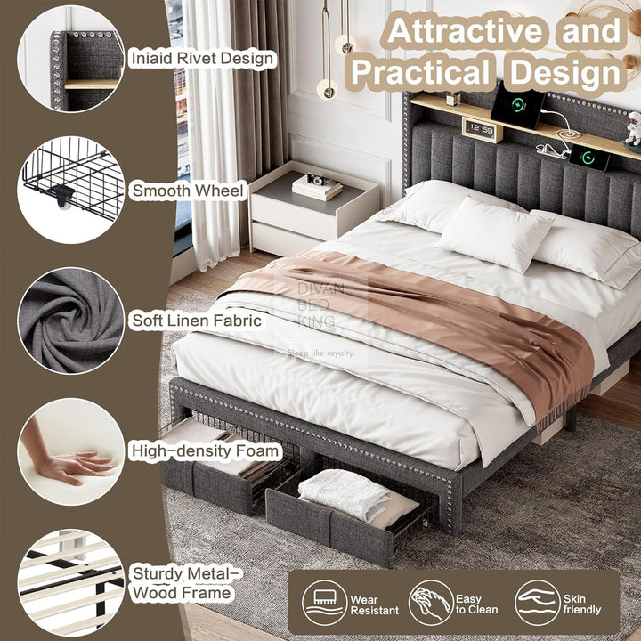 Elinor 2 Drawer Charcoal Linen Bed with LED Lighting, Type C and USB Charging Wing Headboard Shelf