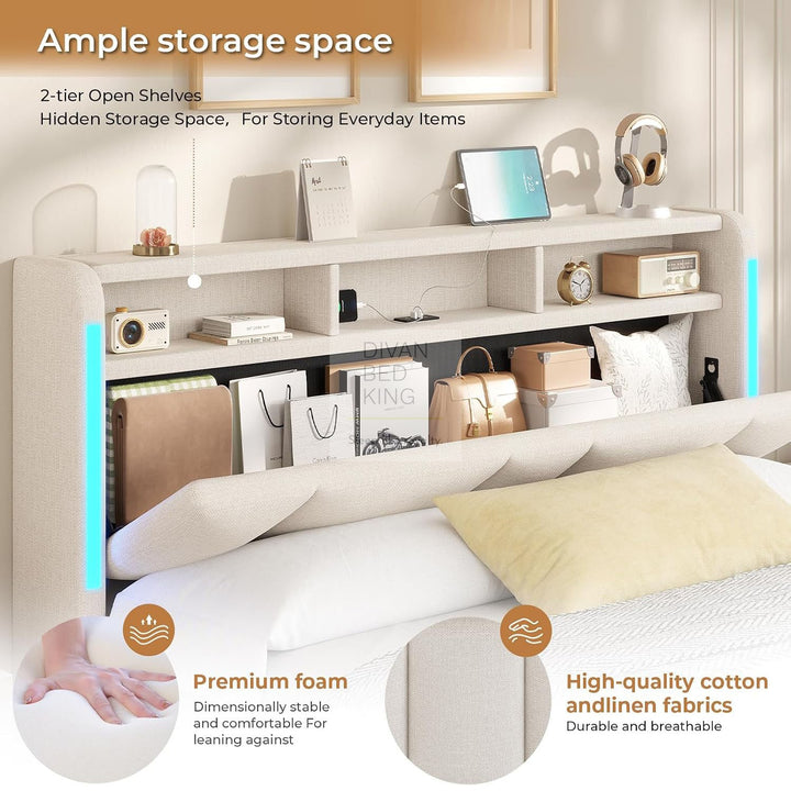 Castellano Beige Linen Ottoman Storage Bed with LED Lights, Type C and USB Charging Headboard Storage Shelf