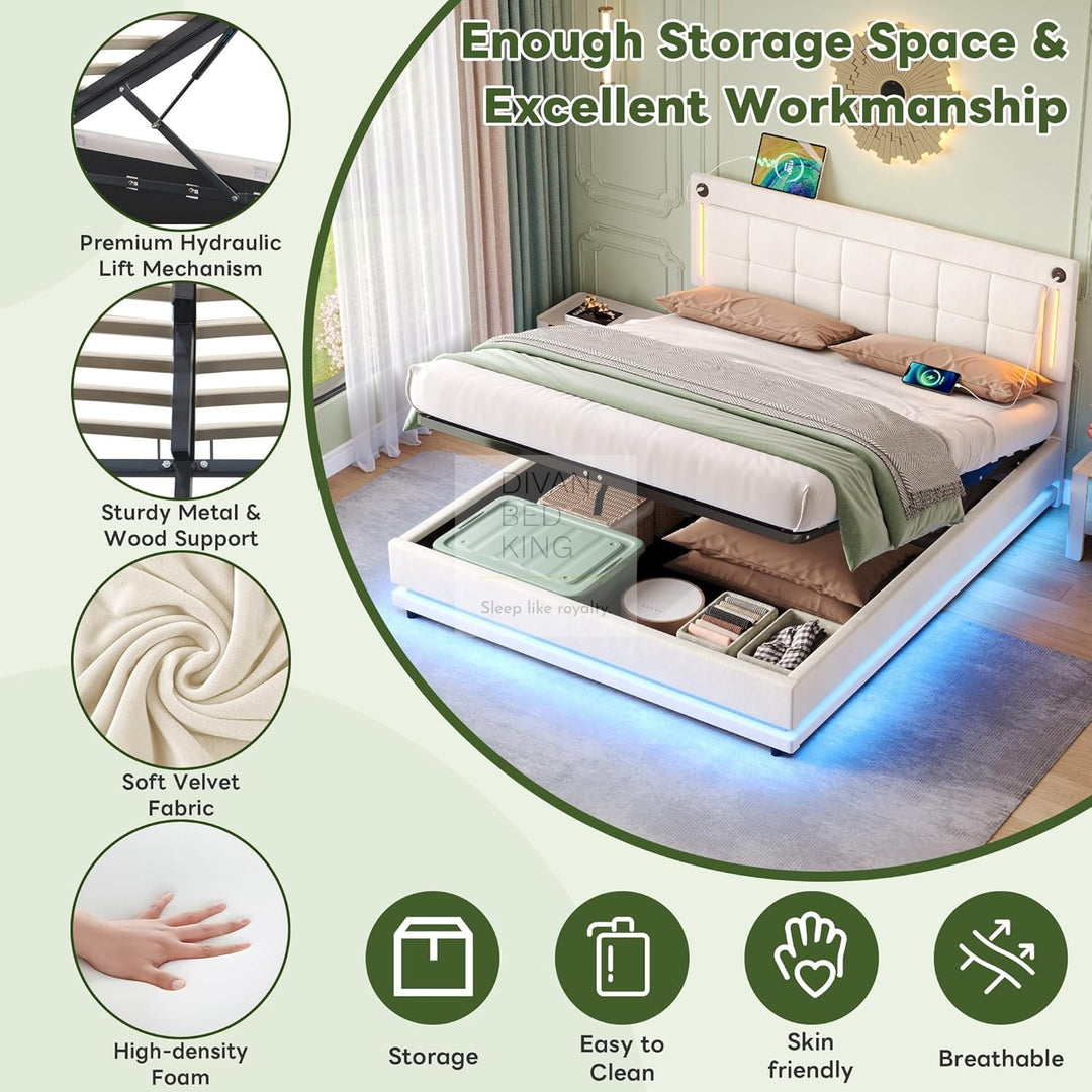 Varese Beige Velvet Ottoman Storage Smart Bed with LED Lighting, Type C and USB Headboard Shelf