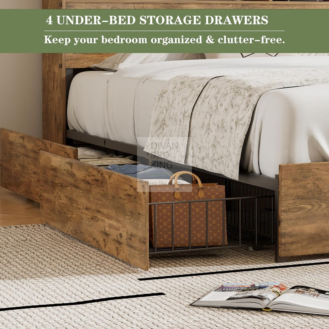 Aubriella Rustic Oak Style Wooden Smart Bed with 4 Drawers, Power Outlets and USB Ports & Shelves