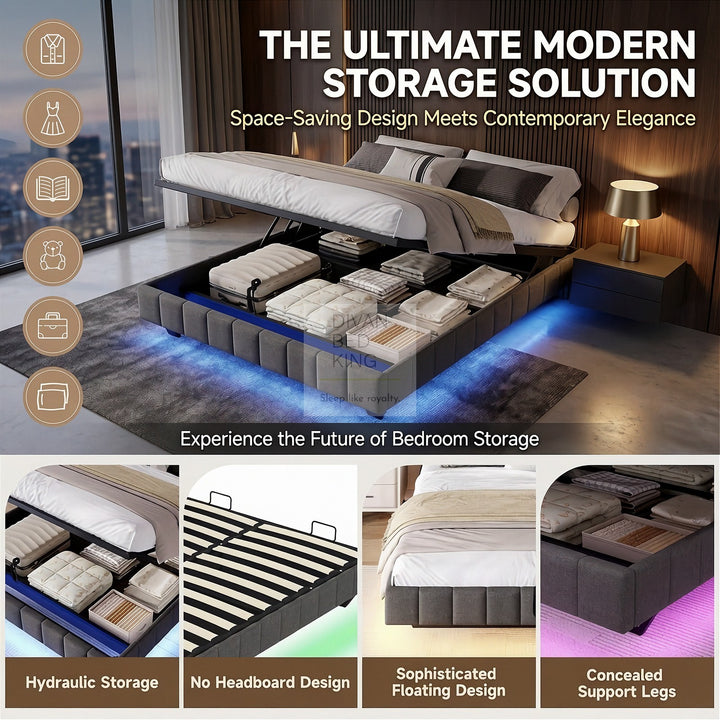 Carrillo Floating Style Smart LED Grey Linen Ottoman Gas Lift Storage Bed Base