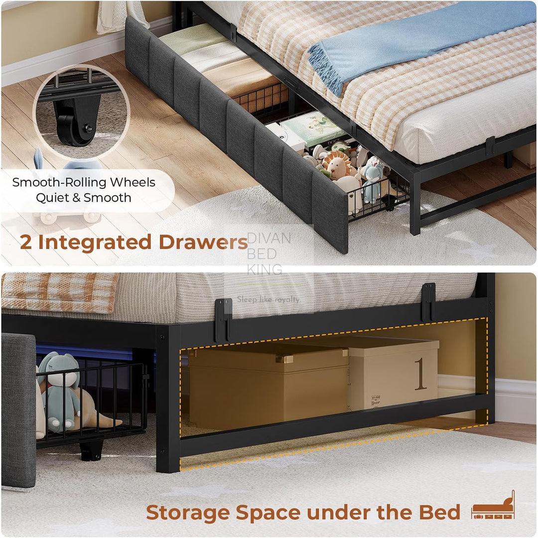 Giomani Grey Linen 2 Drawer Low Smart Sofa Bed Daybed with LED Lights, USB & Type C Charging Station