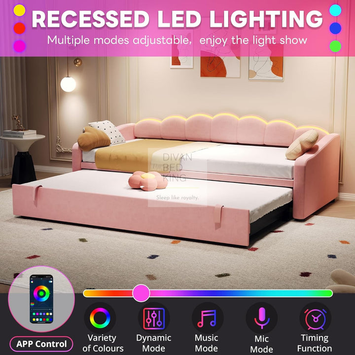 Elina Pink Plush Velvet Trundle Guest Sofa Bed with LED Lighting