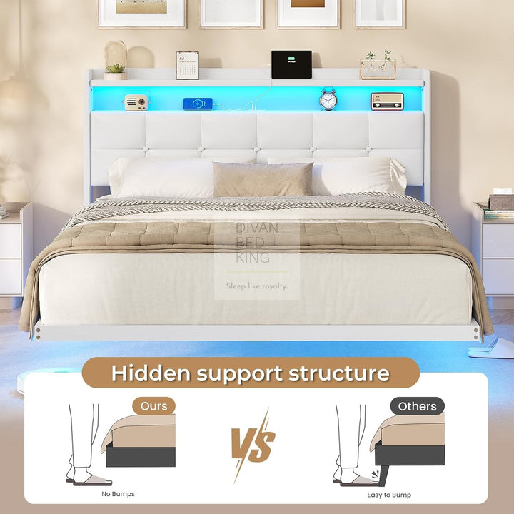 Harleigh Smart Metal Floating Bed with Off-White Padded Storage Headboard, LED Lights, Plug Sockets, USB & Type C Charging Station
