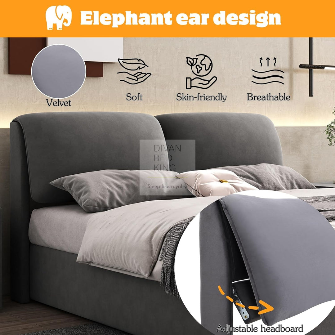Cosenza Large Padded Headrest Grey Velvet Ottoman Storage Bed with 3 Drawers