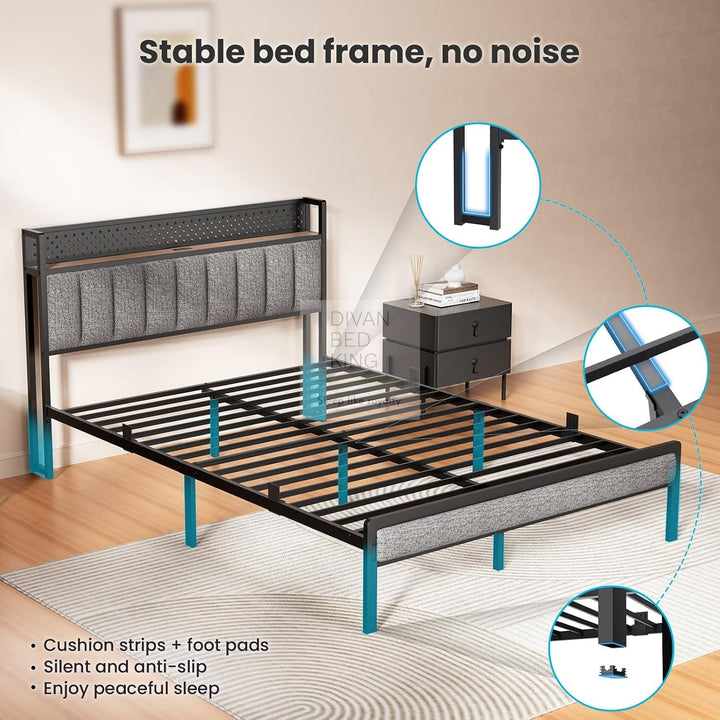Kamryn Grey Linen Black Metal Smart Bed with Storage LED Lights Headboard Shelf, USB and Type C Charging